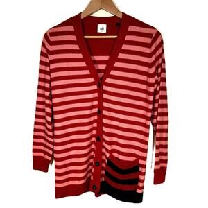 CAbi Cardigan Pink & Red Striped Long Sleeve Long Length Patch Elbow SIZE S